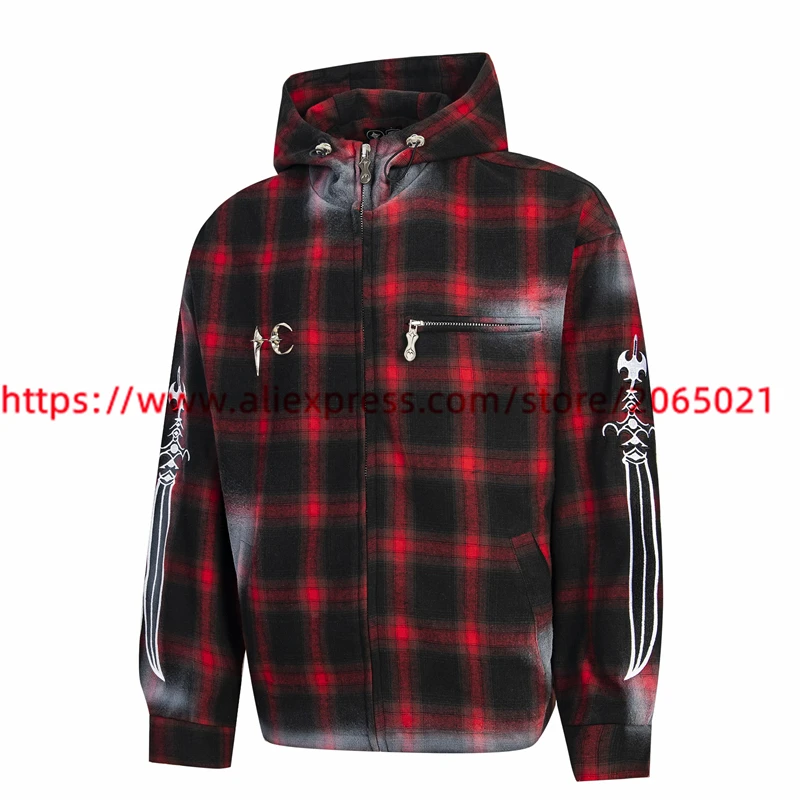 Double Layered Red grid THUG CLUB Hoodies Men Women Trend Hole Retro Vintage Clothing Loose Pullover