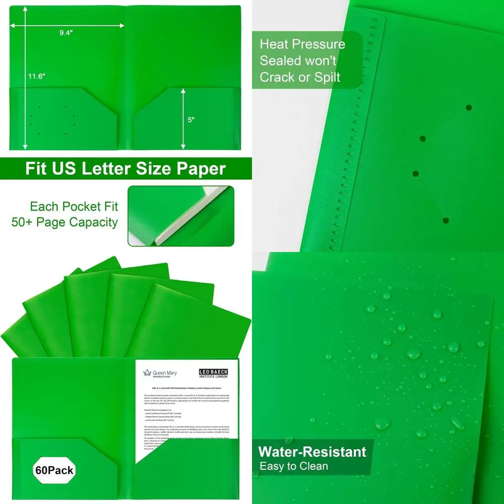 

Plastic Folders with Pockets, 2-Pocket, Holds 8.5x11 Paper, Green, Ideal for School, Office, Home Use