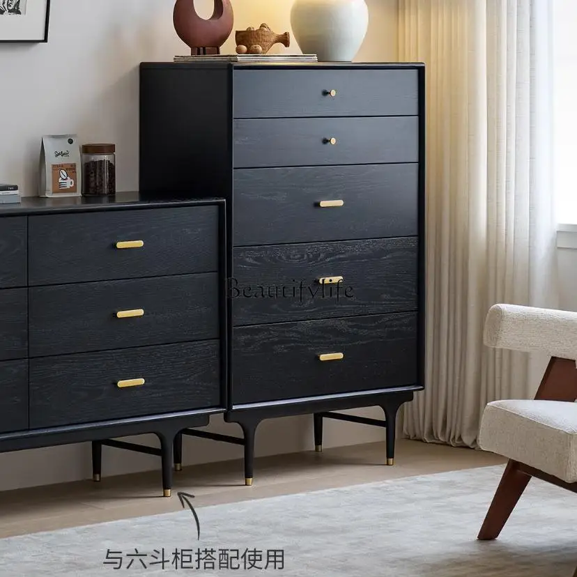 Black retro solid wood storage chest, living room storage side cabinet