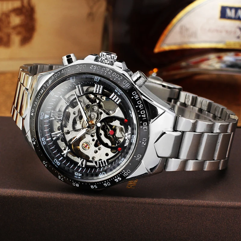 T-WINNER Business Men's Automatic Skeleton Mechanical Watch Stainless Steel Retro Silvery Black Hollow Dial Man Sport Wristwatch