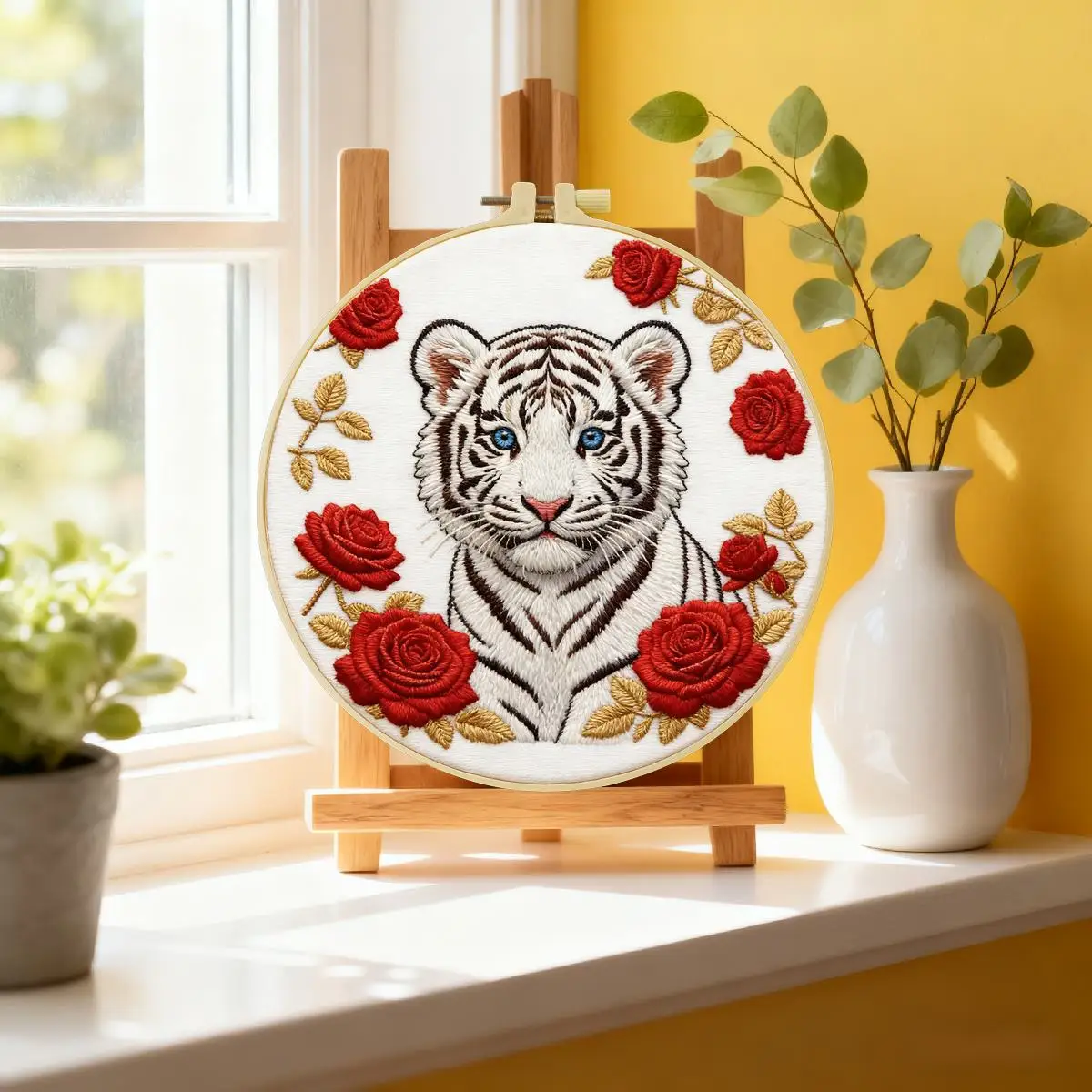1 Stück 20X20CM/15X15CM 7,87/6,3 Zoll Weißer Tiger Stickerei Starter-Kit DIY-Kit DIY-Stickerei-Set für Anfänger – Detail 1