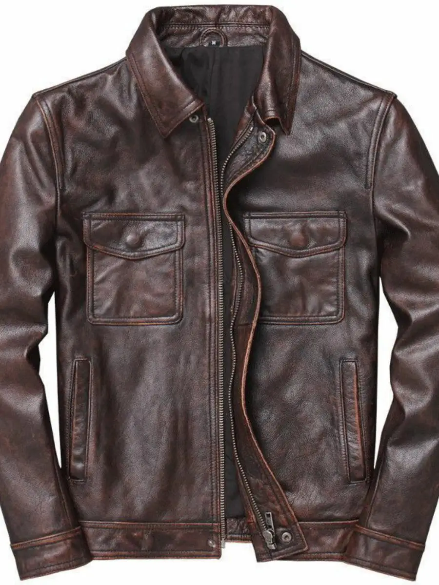 Genuine Leather Jacket Men's Slim Fit Collar Short Style Korean Version Tanned Leather Casual Outerwear Autumn Season
