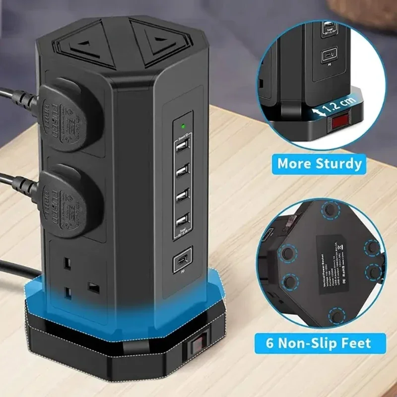 Melery UK Tower Power Strip Surge Protector Plug Outlets Vertical Socket USB Charge Port Type C 1.8m Extenstion Cord Home Office