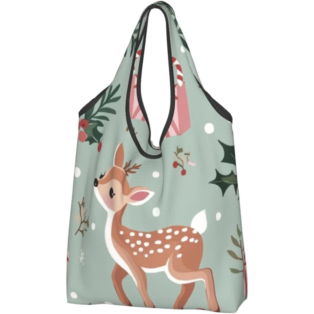 Cute Animal Winter Reusable Shopping Bags Christmas Gift Deer Pattern Grocery Bag Foldable Lightweight Beach Bag