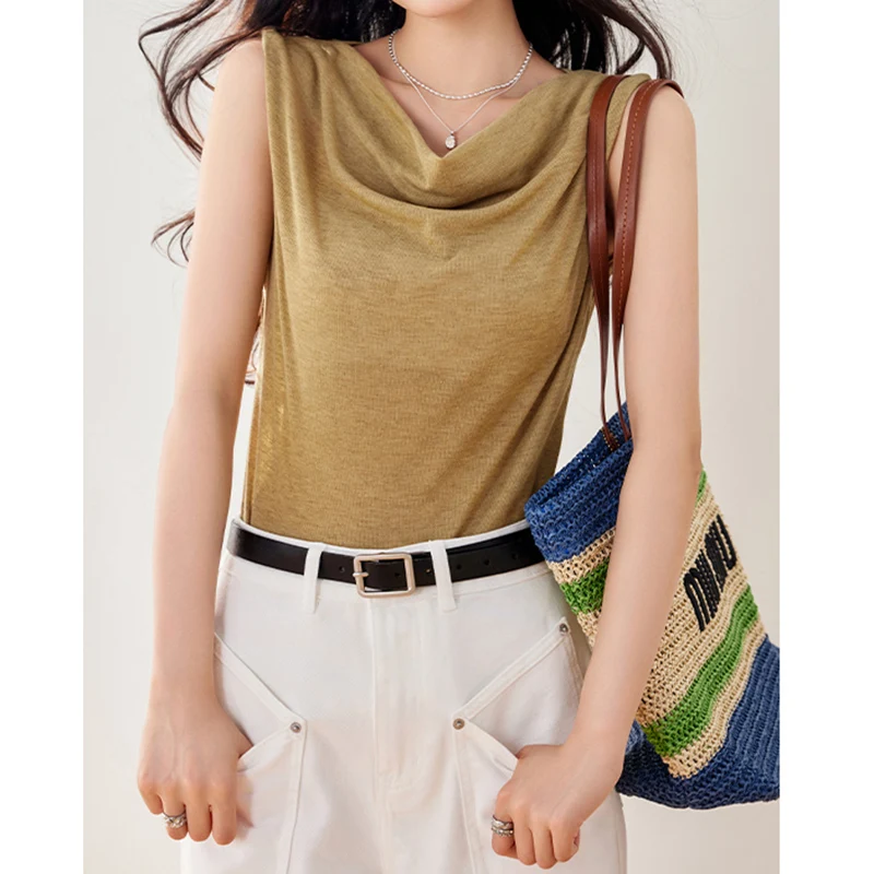 Simple Style Casual Stacked Collar Vest Womens Tops 2025summer Fashion Basic Sleeveless Straight T-shirt Loose Shirts Versatile