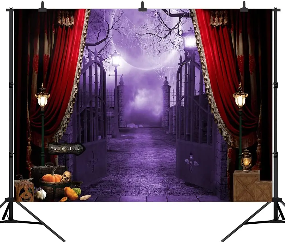 

Halloween Backdrop Gothic Cemetery Moon Red Curtain Pumpkin Night Party Decor Photography Background Photo Studio Booth Props