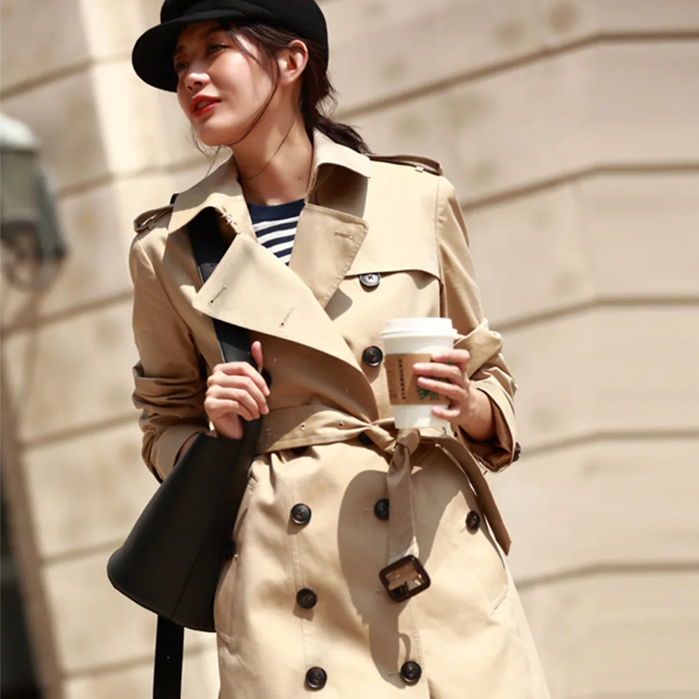 Women Khaki British Casual Medium Long Spring New Trench Coat