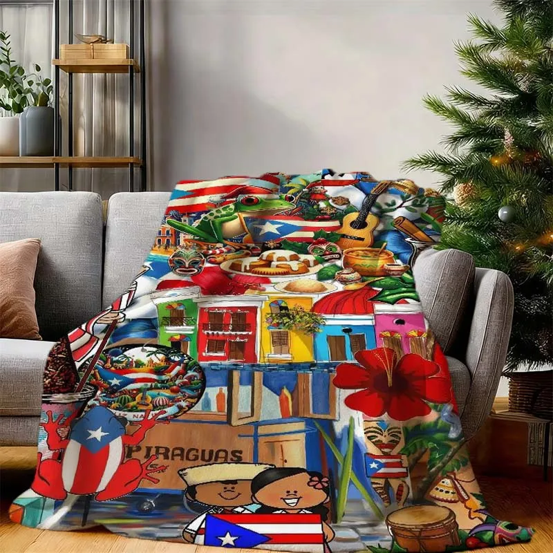 Customize 1pc Puerto Rican Cultural Pattern Printed Flannel Blanket, Soft and Comfortable, Washable, Suitable for All Seasons, P
