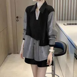 Fashion Streetwear Striped Casual Patchwork Blouse Women's Clothing Button Loose All-match Spring Autumn Turn-down Collar Shirt