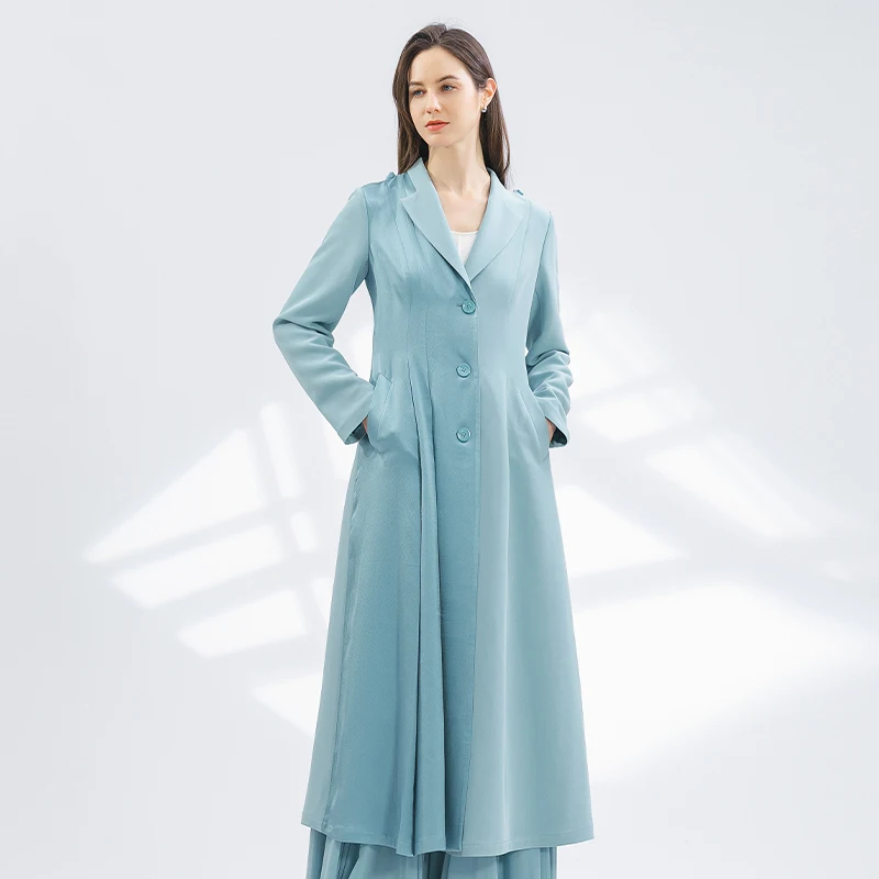 

45 Momme Heavyweight Silk Notch Collar Long Sleeve Asymmetric Panel Jacquard Silk Iris Blue Long Trench Women Coat Spring FY065