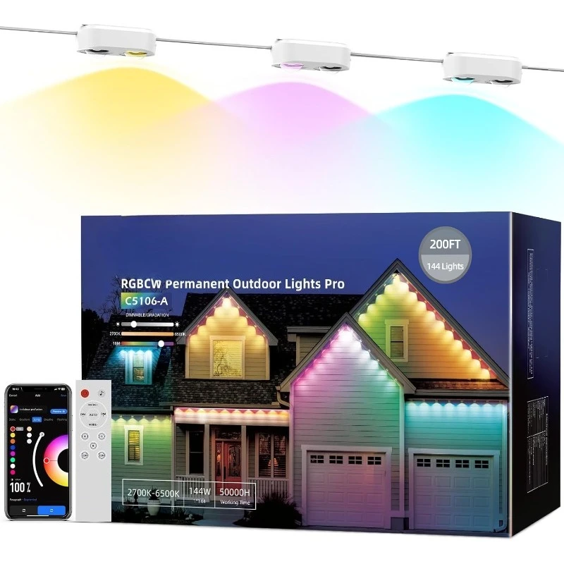 home.Permanent Outdoor Lights Pro 200ft، مصابيح RGBCW الذكية مع 144 مصباح LED، عدسة مزدوجة، قابلة للقطع، 111 وضعًا للمشهد، IP6