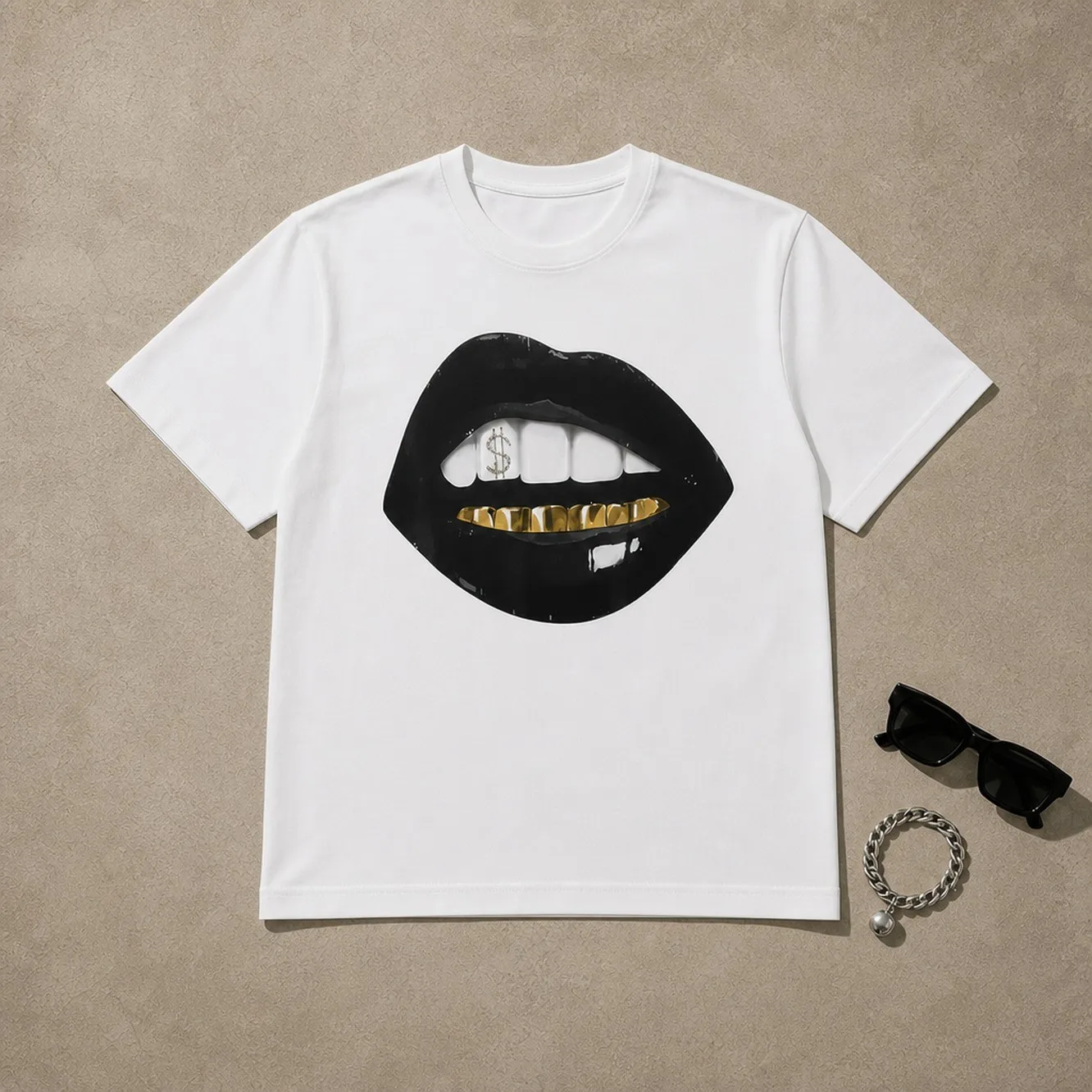 Women's White T-Shirt - Bold Lip Print And Gold Braces Pattern, Soft Breathable Cotton Loose Fit Daily Party Top, Machine Washable Crew Neck Top, Women's Casual Wear, High-Quality Fabric