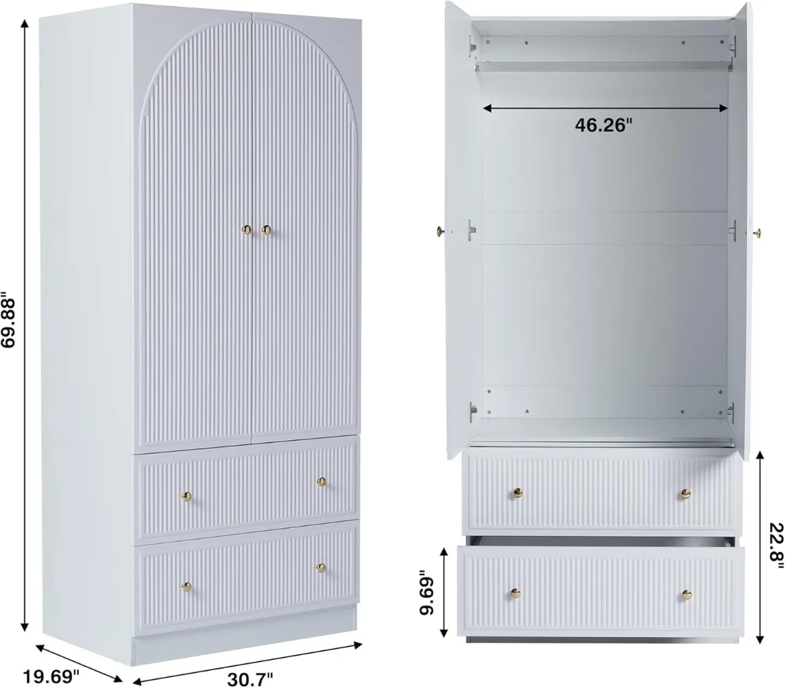 White Freestanding Armoire Wardrobe Closet with 2 Doors and 2 Storage Drawers Set of 2, Large Capacity Wardrobe Cabinet.