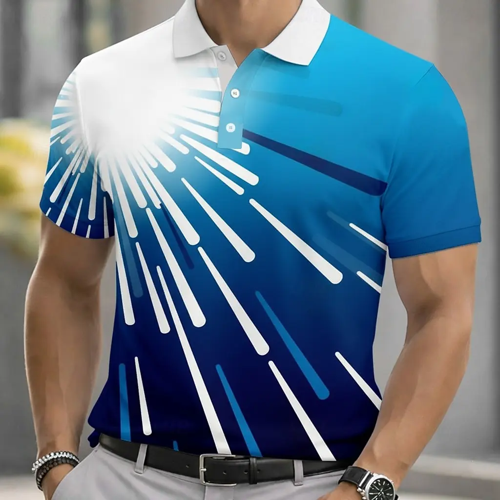Men's Fashion Geometric Line Polo Shirts, Short Sleeve Collared Casual Athleisure with Buttons,Spring & Summer Casual Looks