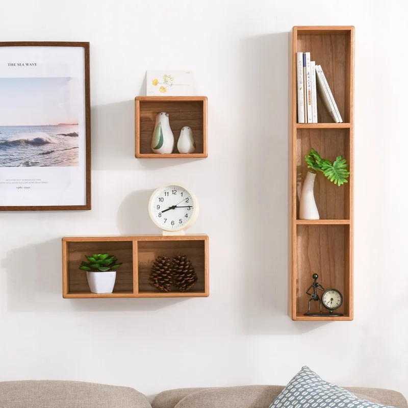 Safe Solid Wood Wall Shelf Nordic Simple Bedroom Hanging Grid Living Room Creative Baffle Multi Grid Storage Rack