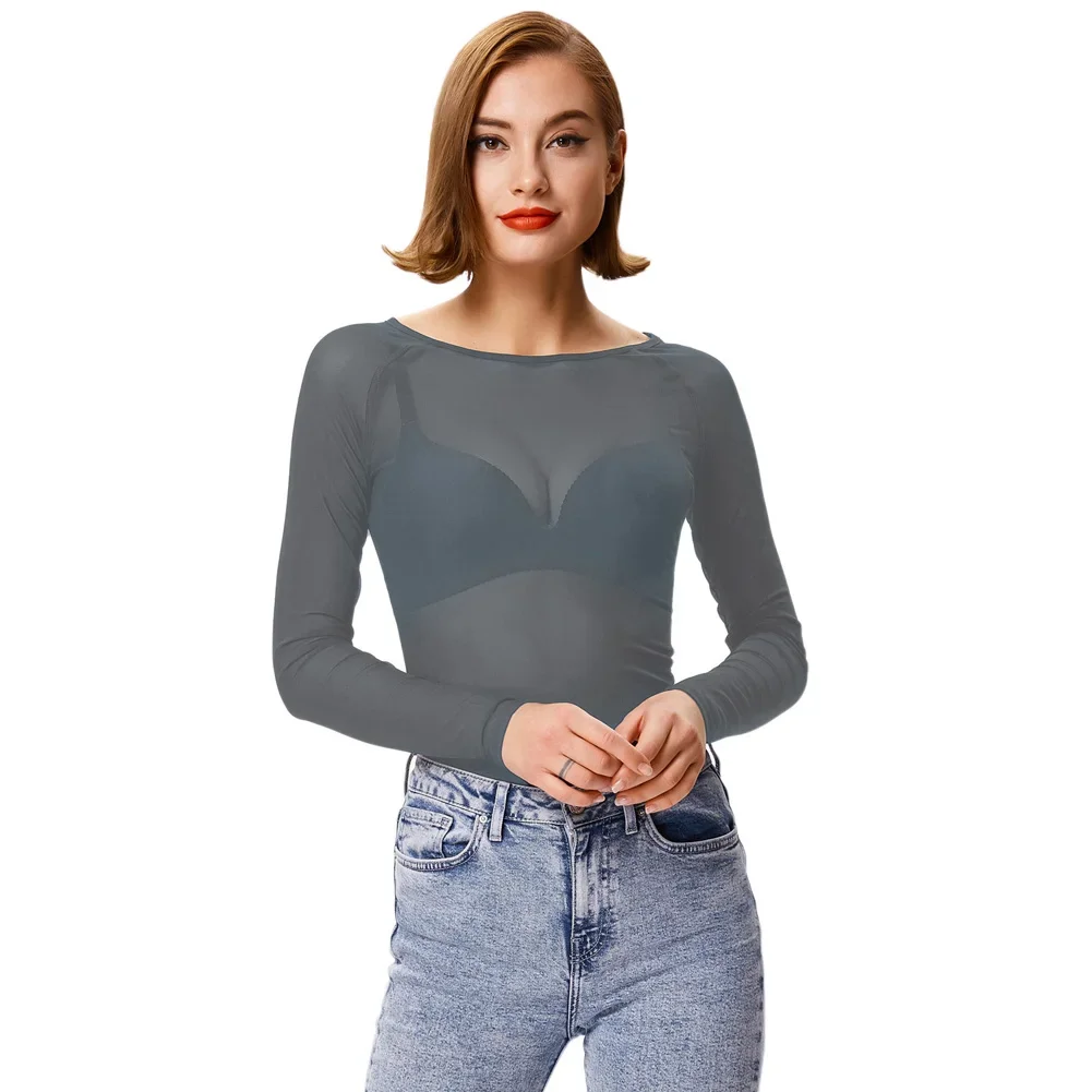 KK Sexy Women's Long Sleeve Top Scoop Neck See-Through T-Shirt Ultra-thin Soft Lightweight Tops Breathable Solid Bottom Wear