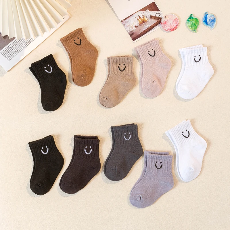 10 Pairs Cartoon Smile Pattern Baby Socks, Versatile Daily Kid's Socks, Boys' Socks, Girls' Socks