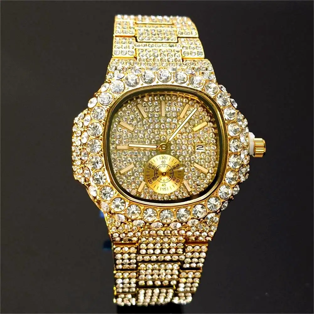 UNIGUET Luxury Gold Watch for Men Fashion Big Diamond Bling Watches Mans Hip Hop Iced Out AAA Jewelry Wristwatch Gift 2024 Hot