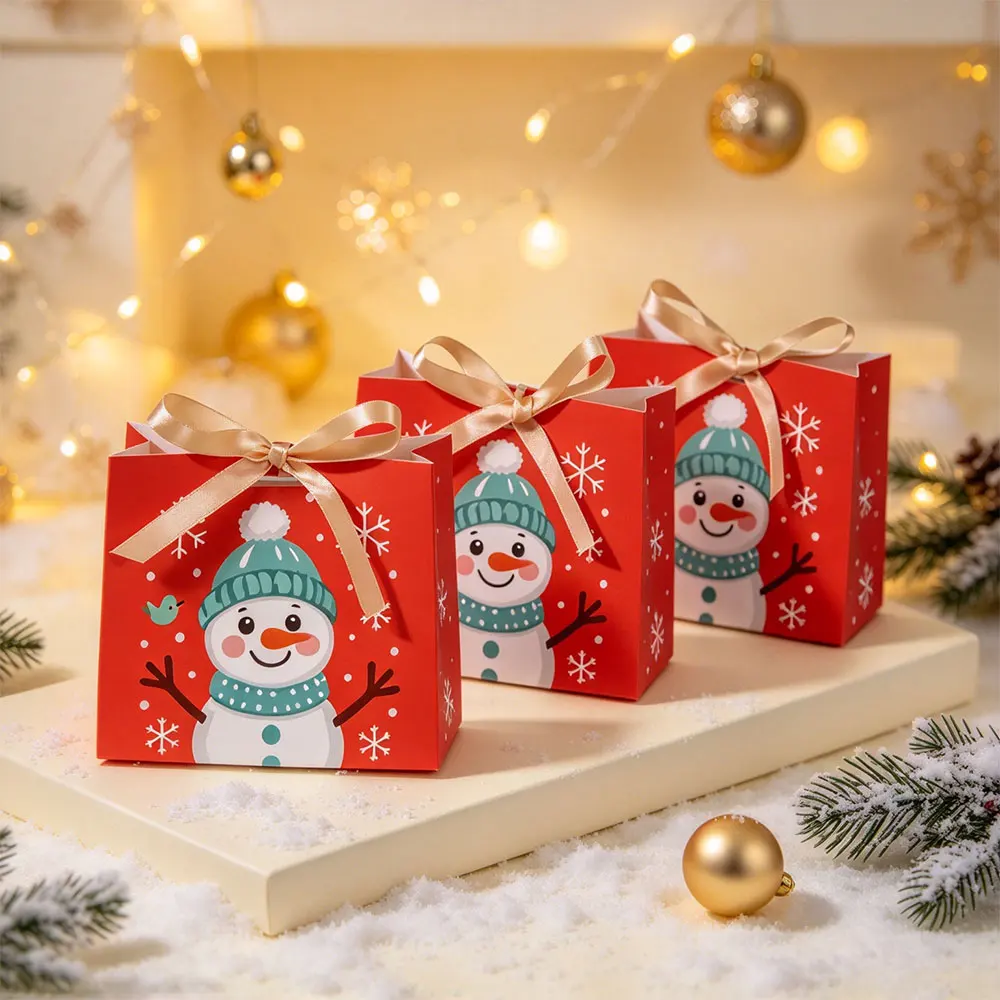 Bolsas de regalo de papel verde con motivos navideños de renos, lazo de cinta dorada, estampado de espinacas y bayas, bolso de mano para fiestas navideñas, dulces y galletas.