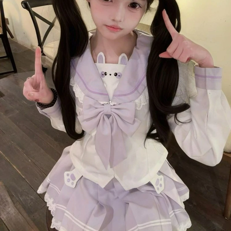 Japanese Sweet Lolita 2 Piece Sets Women Kawaii Cute Print Bow Sailor Collar Tops Lace Ruffles Mini Skirt Y2k JK Uniform Outfits view 6