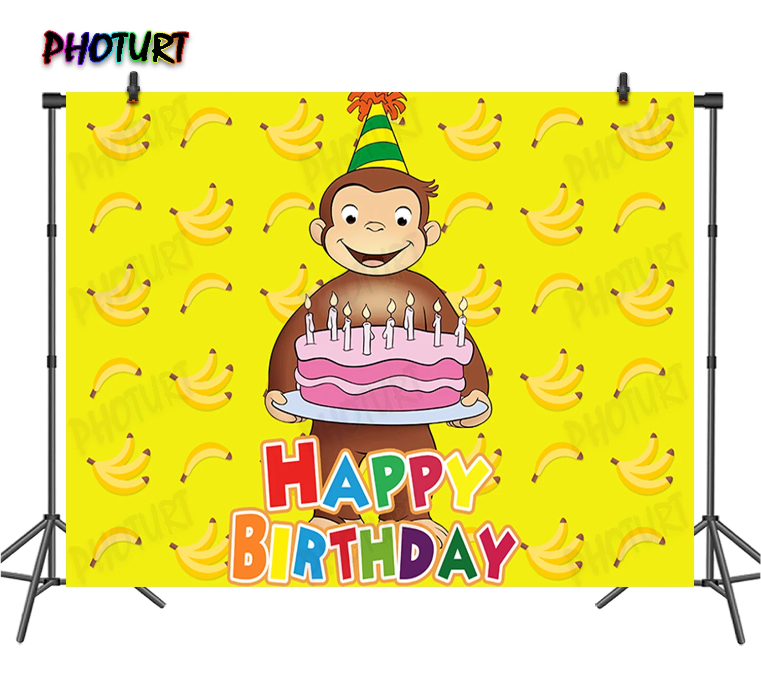 PHOTURT George Monkey Backdrop Kids Birthday Background Yellow Banana Custom Vinyl Polyester Photography Studios Decor Props