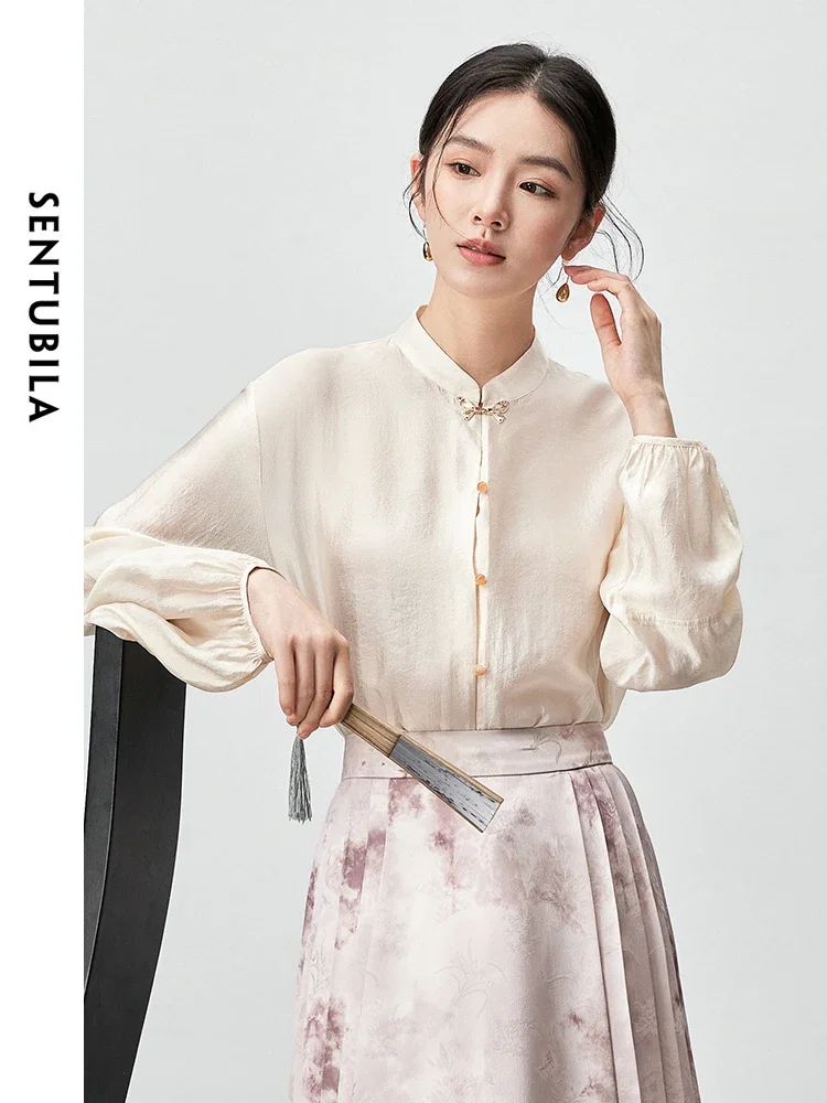 SENTUBILA New Chinese Style Stand Neck Shirt for Women 2024 Autumn Casual Loose Butterfly Button Lanter Sleeve Top 143C55957