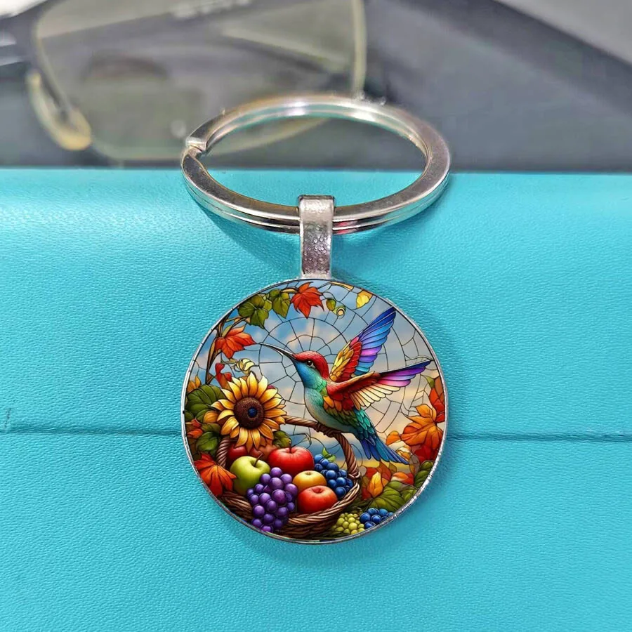 Two Colorful Hummingbird Branch Floral Stained Glass Round Keychain, Wildlife Bird Glass Cabochon Metal Key Fob,Nature Accessory