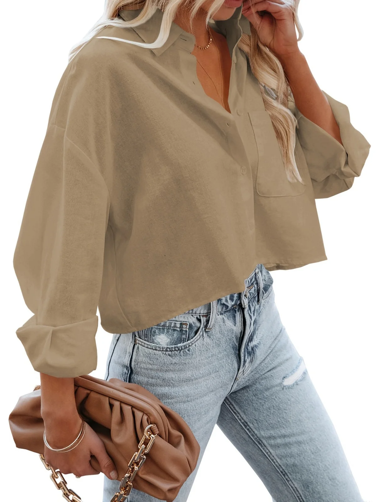 Button Down Office Lady Cropped Shirts Women Long Sleeve Casual Short Crop Tops Solid Color Lapel Blouse Shirt with Chest Pocket