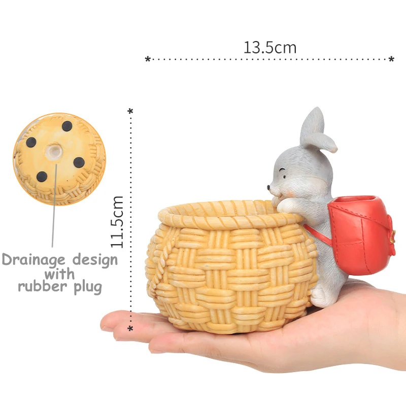 Cute Rabbit Resin Flower Pot with Woven Basket Design for Succulents and Small Plants - Desktop Decor & Gift Idea