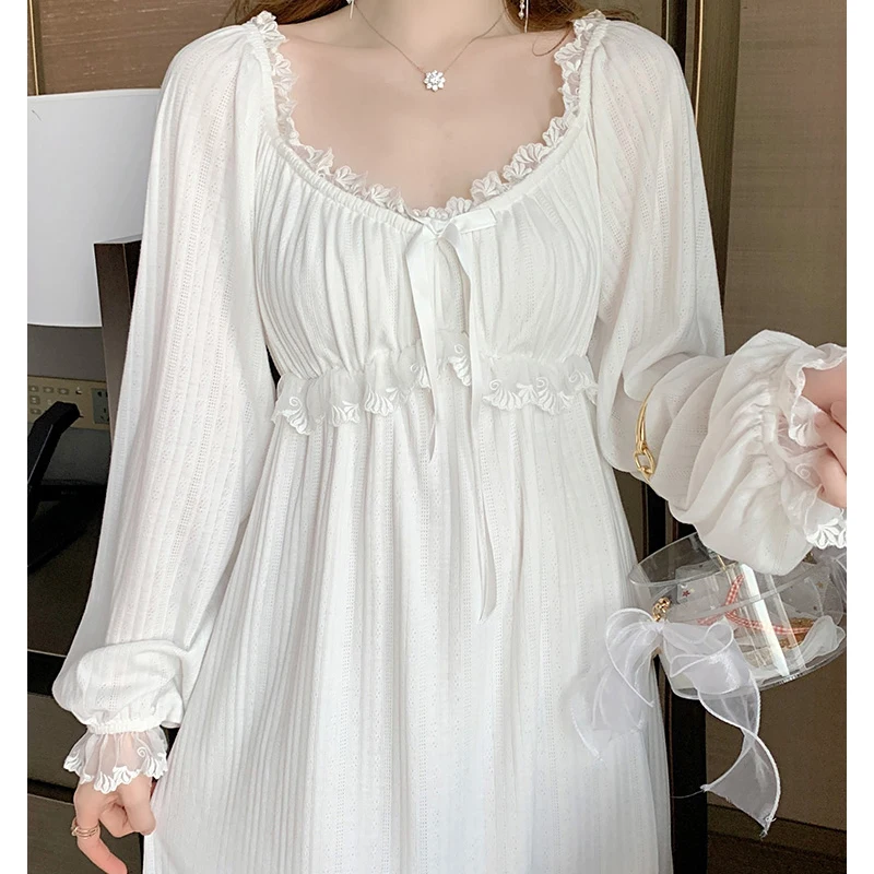 Lace Patchwork Women Princess Robe Sleepwear Long Sleeve Night-robe Loose Nightgown Women\'s Pajamas Solid Brides Wedding Dresses