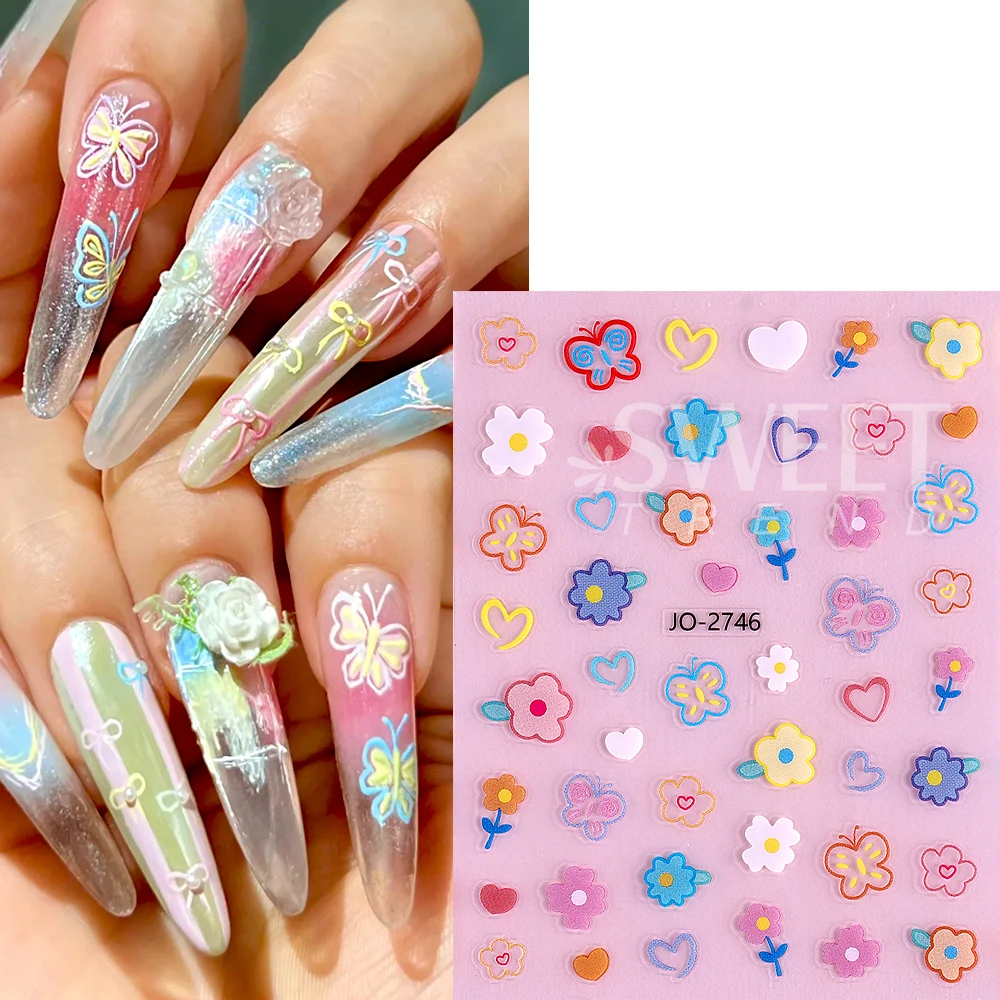 3/5pcs Cute Butterfly Flower Bow Nail Stickers Adhesive 3D Daisy Star Heart Bear Letter Nail Art Slider DIY Manicure Decorations
