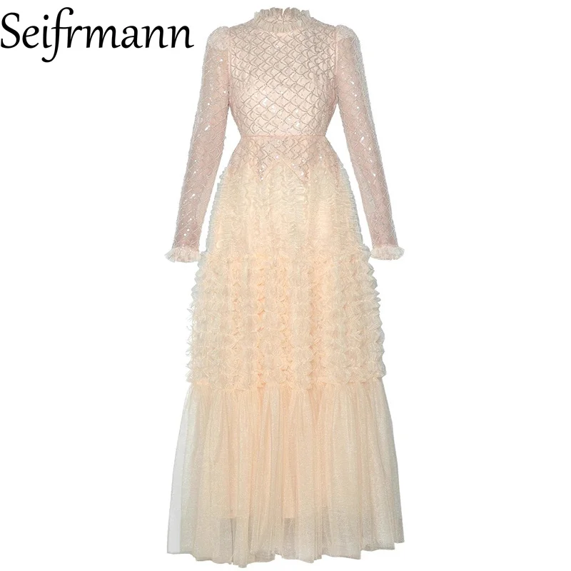 Seifrmann round neck long sleeved sequined nail bead waist cinched mesh princess style long dress 2025 autumn