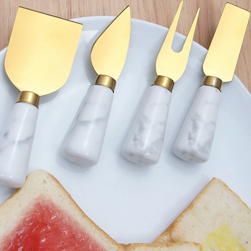 Goldenes Edelstahl-Käsemesser und -Gabel-Set im minimalistischen Ins-Stil, Buttermesser, Pizza-Backwerkzeug-Set mit Marmormuster-Griff