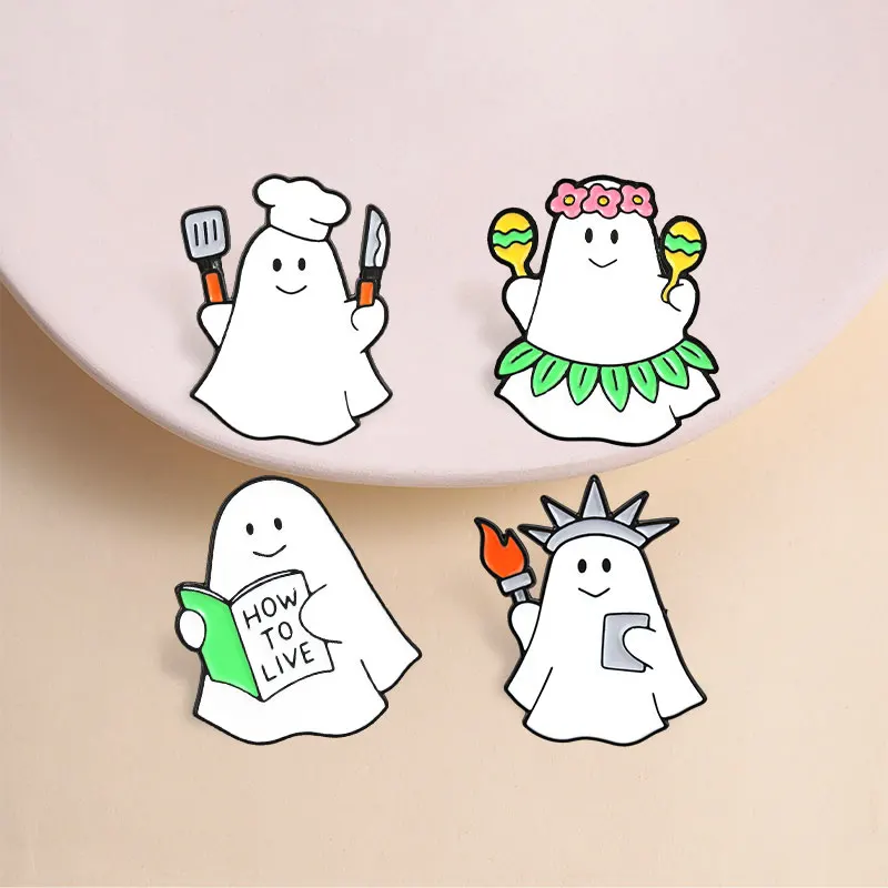 Halloween Theme Enamel Badge Grim Reaper Cat Cute Ghost Reading Spooky Food Goth Skeleton Pins Lapel Brooches Jewelry Gifts