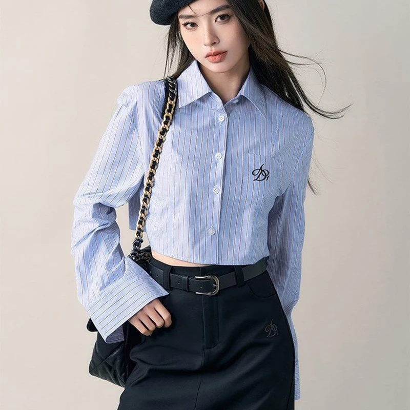 Embroidered Blue Striped Shirt Women Single-Breasted Turn-Down Collar Long Sleeve Sexy Cropped Tops High Street Classic Blouses