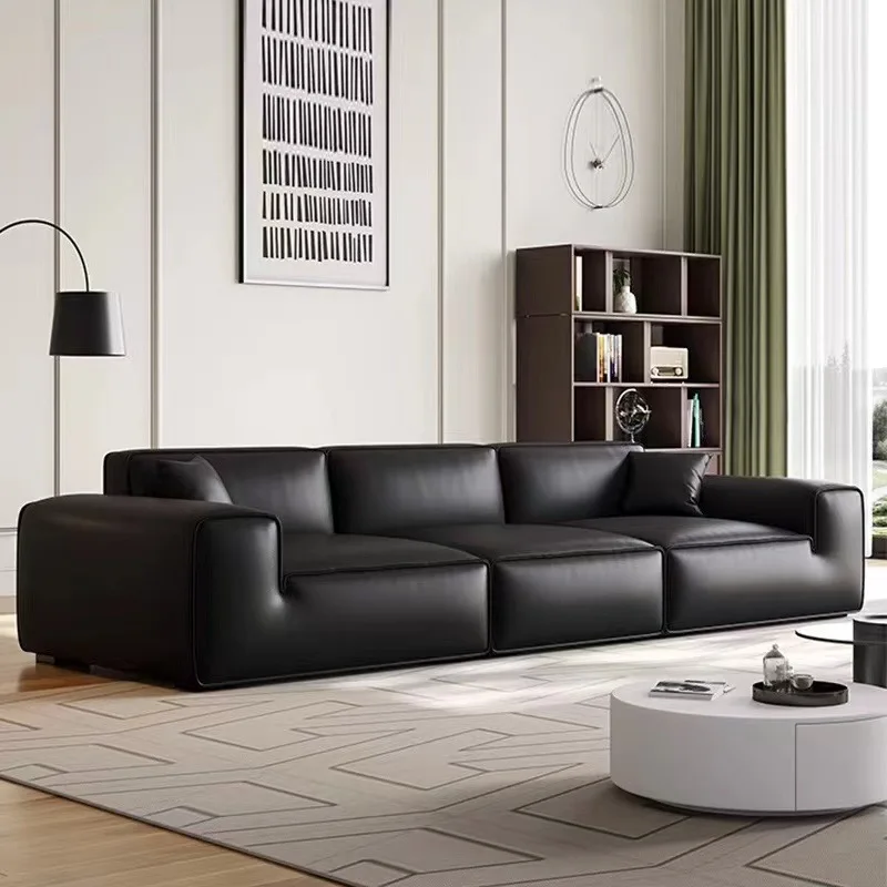 Big Black Cow Sofa Modern Simple Living Room Tofu Block Module Furniture Straight Row Floor Leather Flannel Fabric Sofa