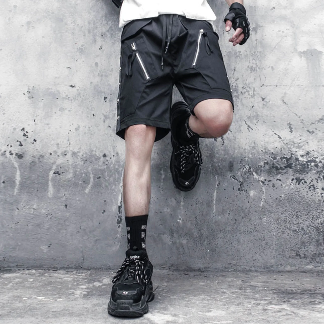 

Drawstring Summer Zipper Button Shorts Pants Men Functional Streetwear Knee Length Elastic Waist Shorts Joggers