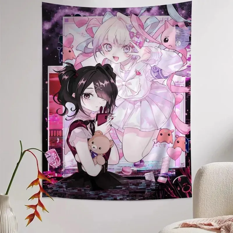Cyber Yandere Girl Tapestry, Y2K Aesthetic Wall Hanging, Kawaii Room Decor for Bedroom Wall Styling & Photo Backdrop