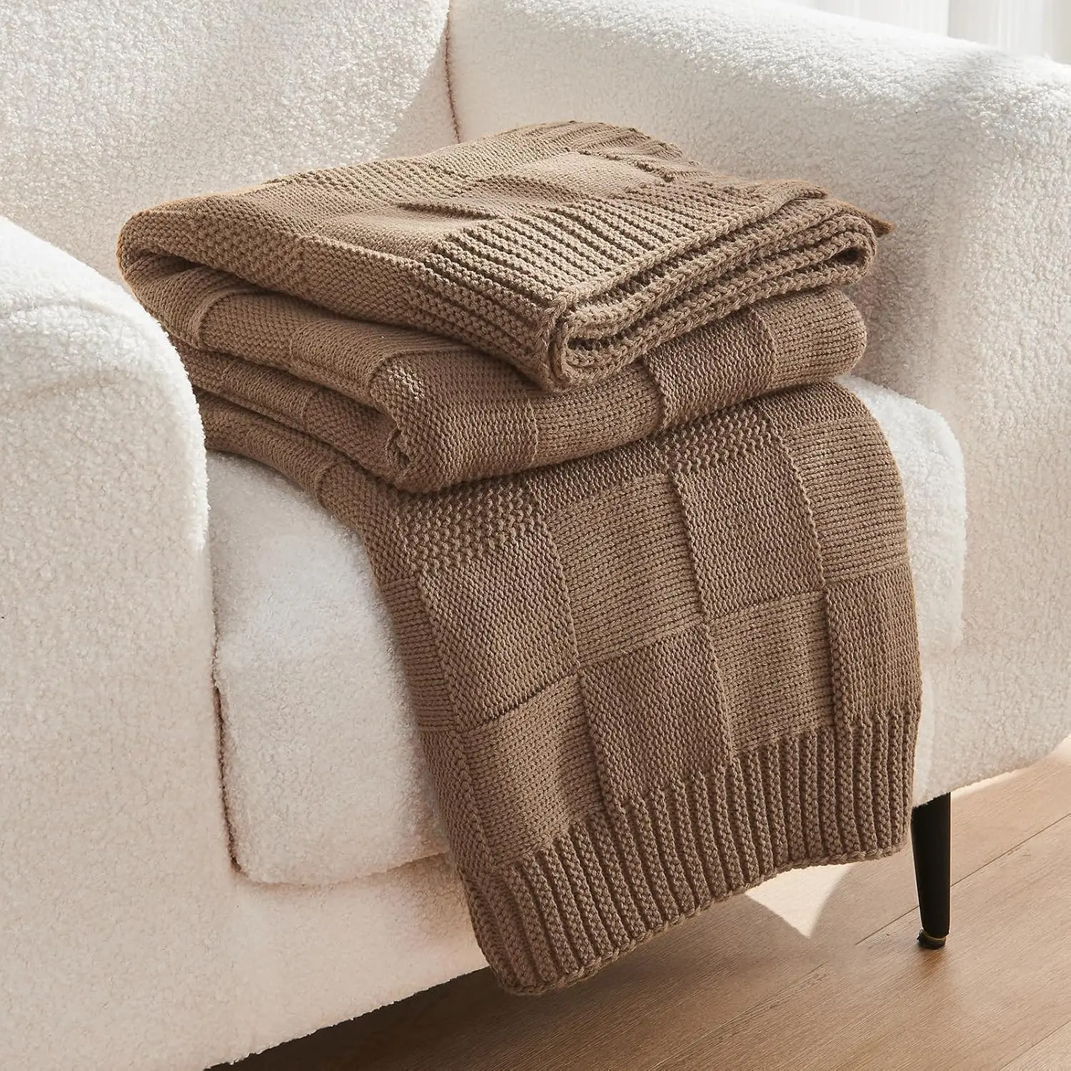 

Light Brown Checkered Knit Throw Blanket, Soft Cozy Warm for Couch Bed Living Room, 60"X80"