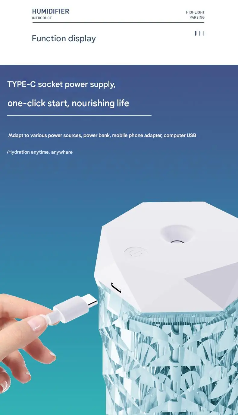 Umidificador de cristal spray de duas velocidades efeito de iluminação RGB plug-in portátil mini umidificador de luz de atmosfera pequena