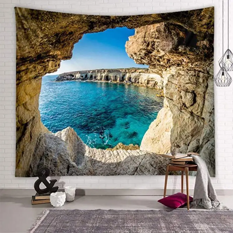 VIKAMA Seaside Rock Cave Sea View Tapestry, Blue Sea Scenery Photography Wall Hanging for Bedroom Living Room Decor