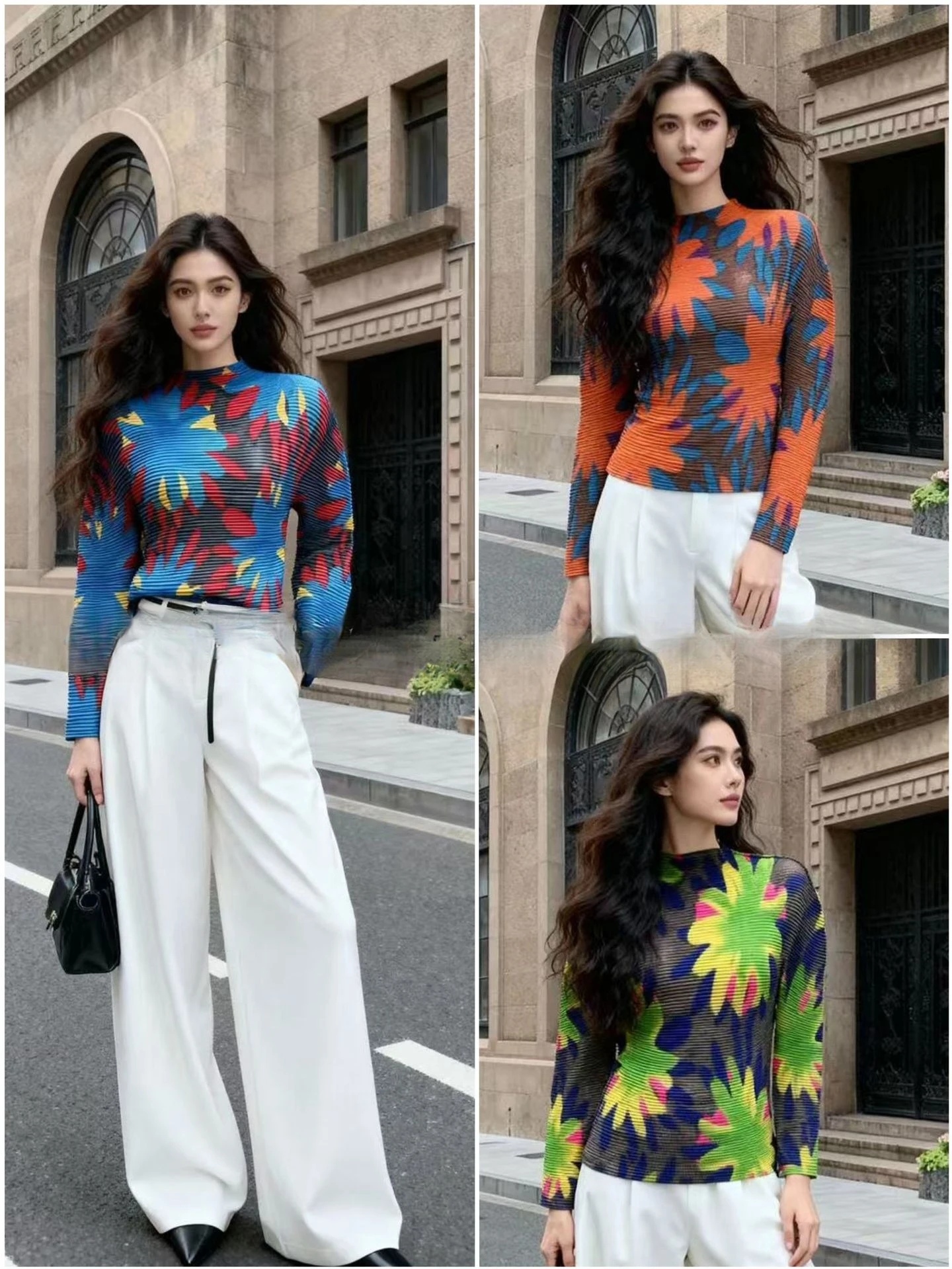 

Miyake Pleated 2025 Fall and Winter New Printed Long-sleeved Fashion T-shirt Pleated Slim Casual Corn Kernel Tops Female Pleats