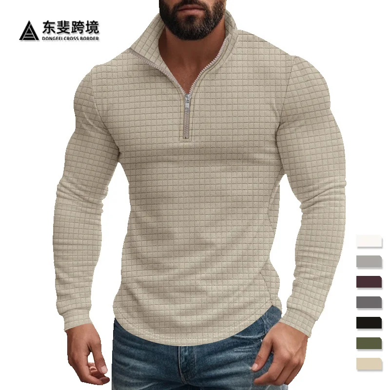 

2024 Cross border European and American Spring and Autumn Small Square Hoodie Men's Stand up Collar Half Zipper Long Sleeve Hood