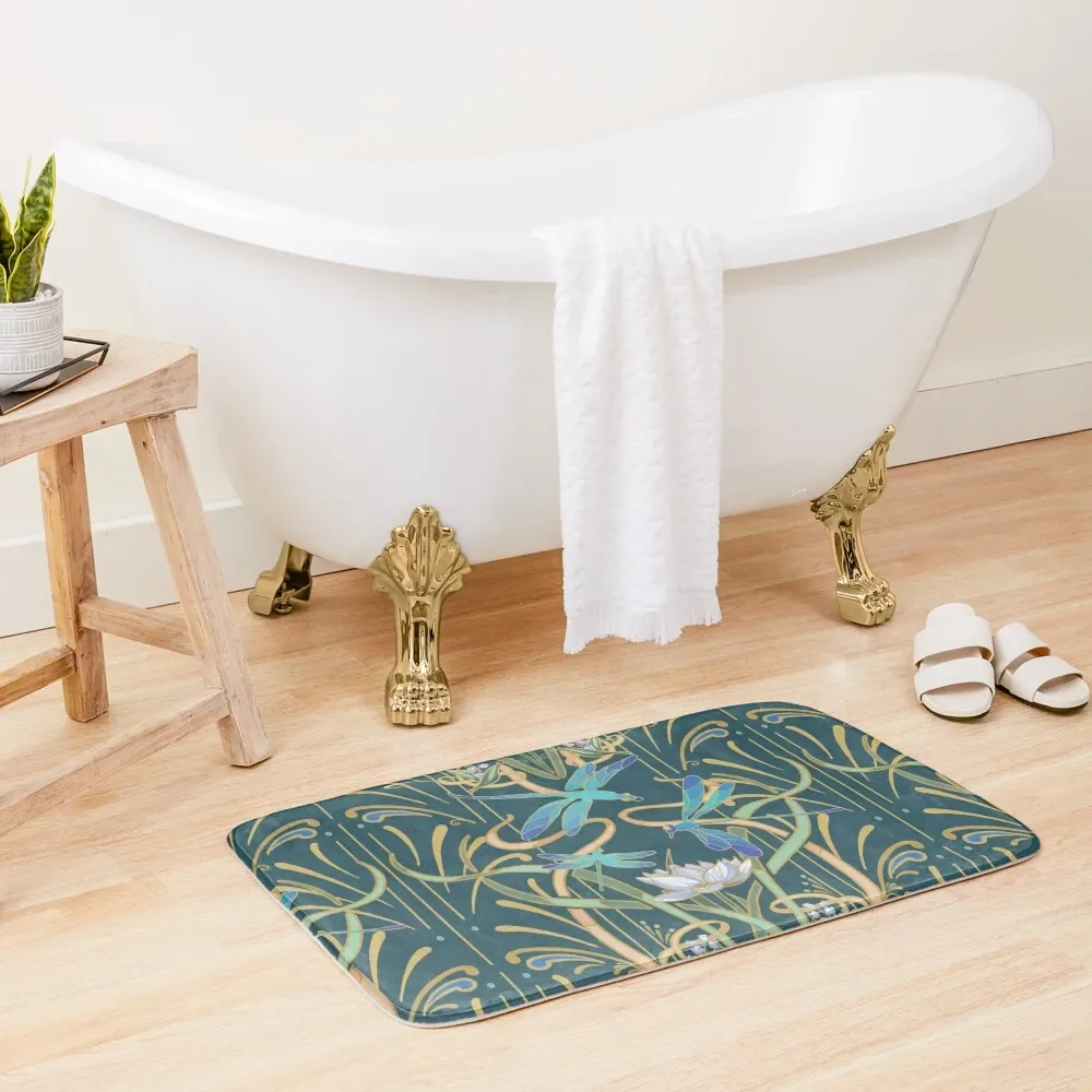 

Art Nouveau Dragonflies Pattern | Deep Cool Green Bath Mat Kitchen Rug Carpet In The Living Room Mat
