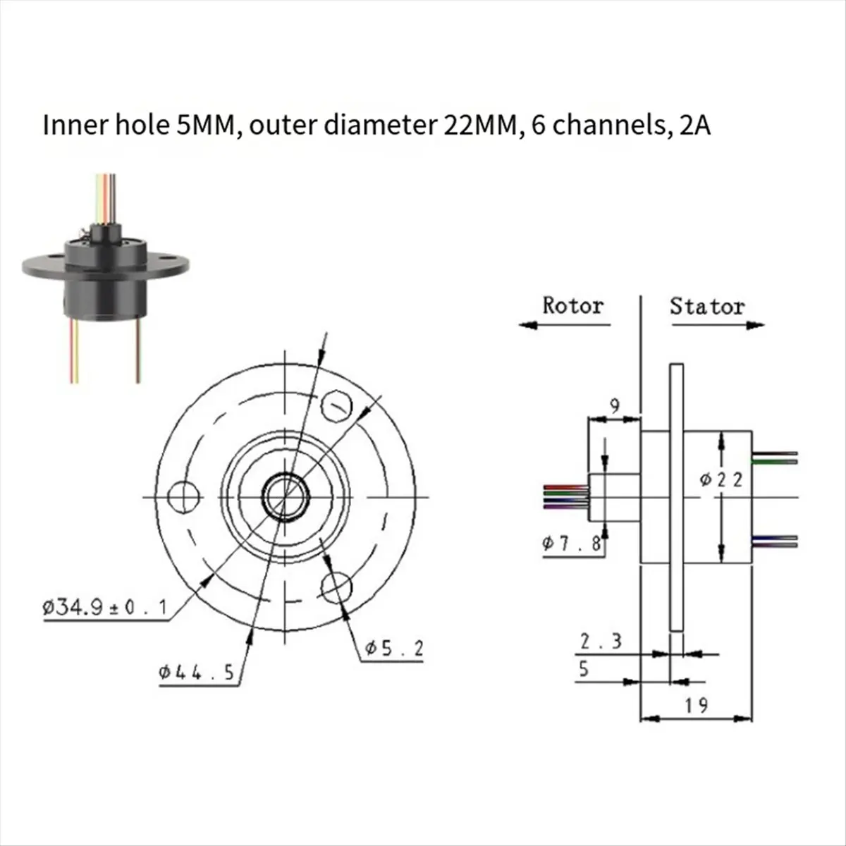 ABGN Hole 5mm Through Bore Slip Ring 6CH 2A Collector Ring Joint Conductive Slipring Unlimited Rotary Connector