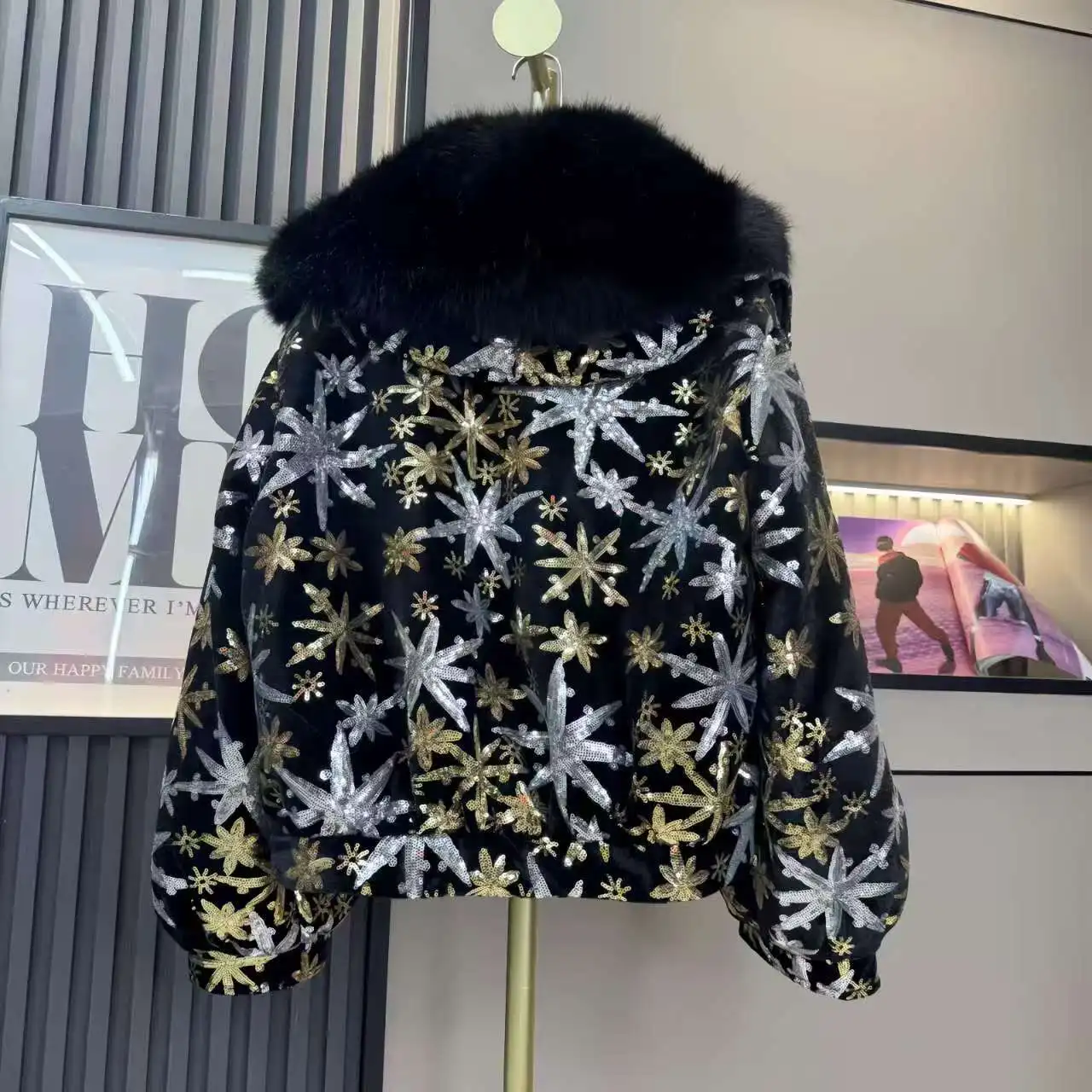 Faux Fur Coat for Women,Single Button Jacket,Turn-down Collar Outwear,Sequins,Spliced,Luxury,Autumn and Winter,2025