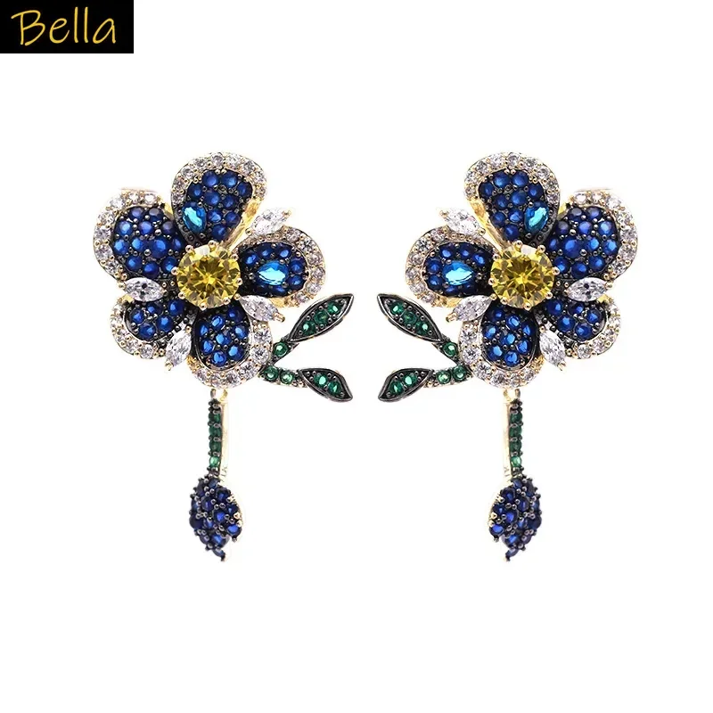 

Синие розовые серьги с цветами для женщин, вечерние элегантные роскошные ювелирные изделия, блестящие аксессуары с цирконом, женский подарок