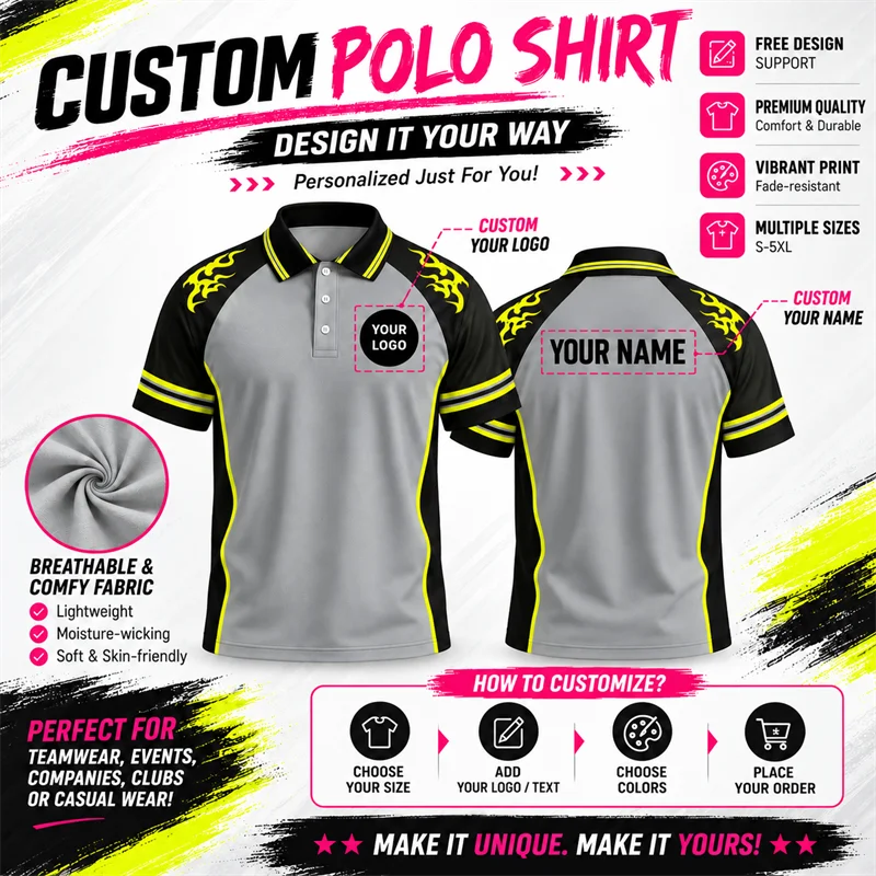 Racing Crew Polo Jersey Add Team Name Chest Logo Quick Dry Short Sleeve Top for Auto Meets Track Events Motorsport Apparel Gear