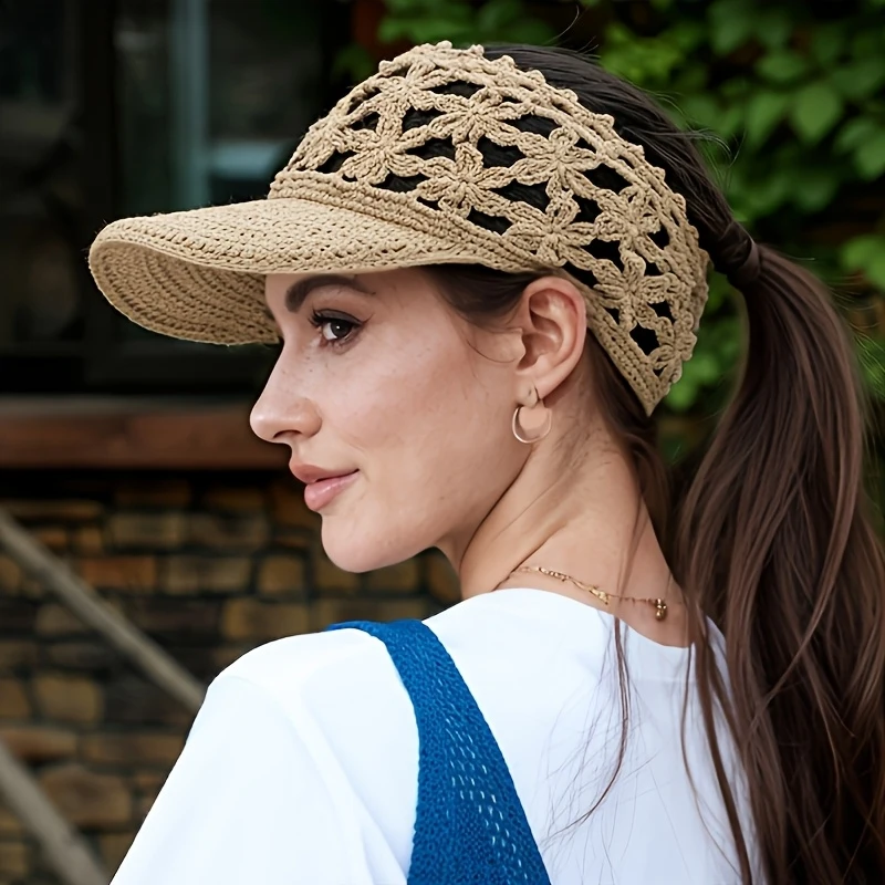 Women's Handmade Openwork Empty-top Sun Visor Cap Cool Spring Summer Crochet Flower Hat Beach Travel Wide Brim Peaked Caps