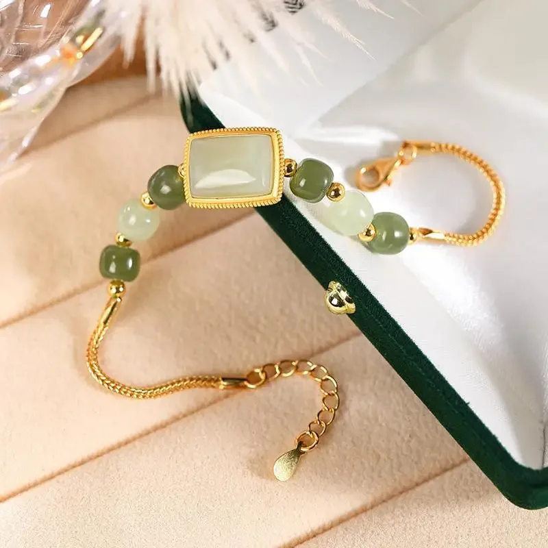 Independently designed ancient gold craft inlaid natural Hetian jade square Chinese style luxury ladies jewelry bracelet